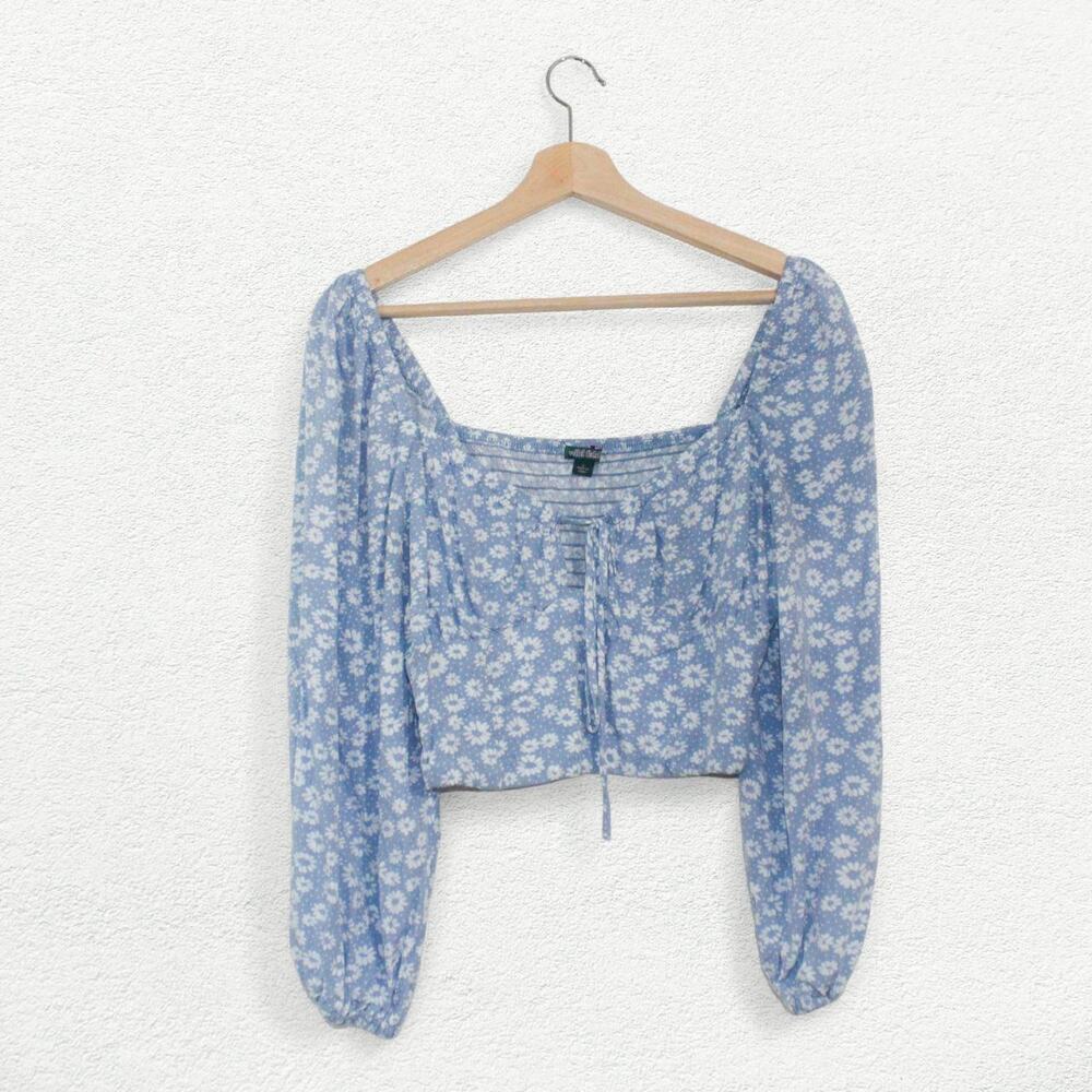 Wild Fable Floral Puff LongSleeve Sweetheart Milkmaid Crop Blouse Top Blue White